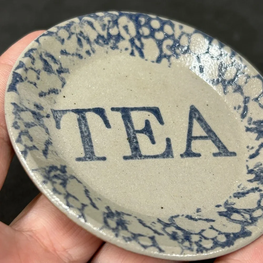 Blue Spongeware Ceramic Tea Bag Rest Salt Glazed Trinket Dish Rustic Farmhouse